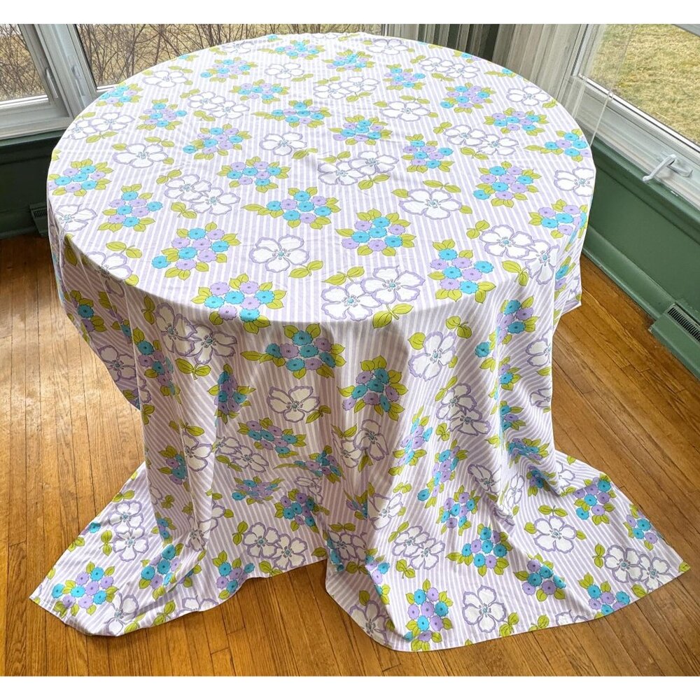 Vintage 1970s flat/top sheet, purple, blue, green floral and stripes, twin size